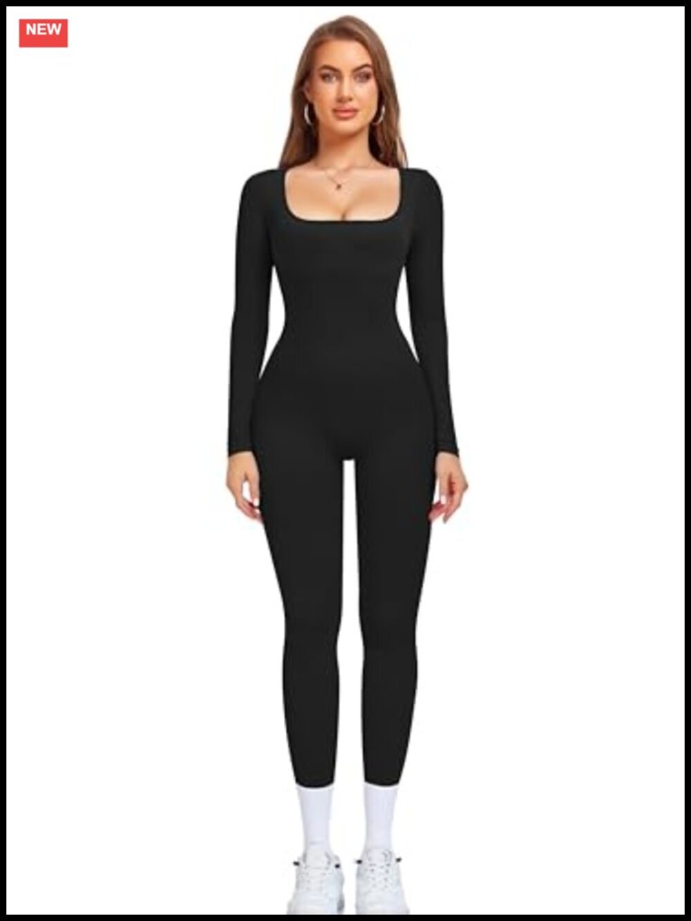 Women's Long Sleeve Ribbed Seamless Workout Jumpsuit Square Neck